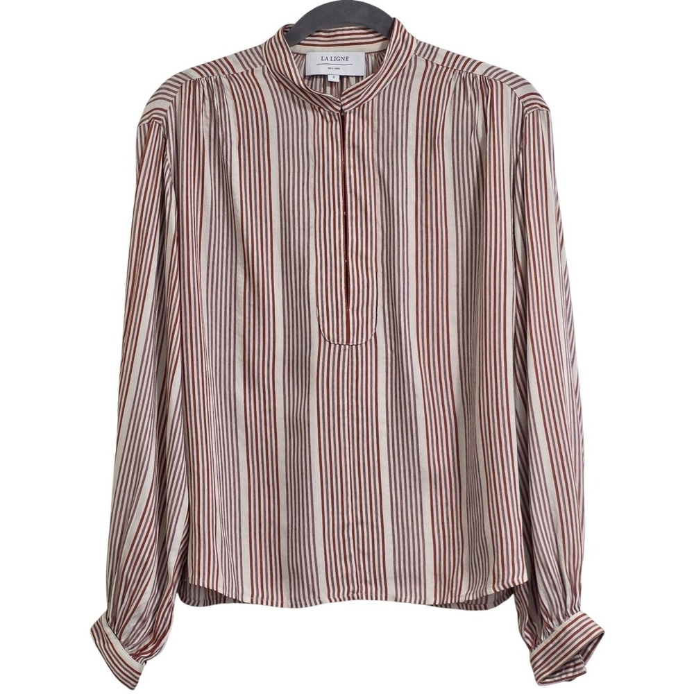 La Ligne New York Blouse Women Small Rust Cream Stripe Viscose Long Sleeve